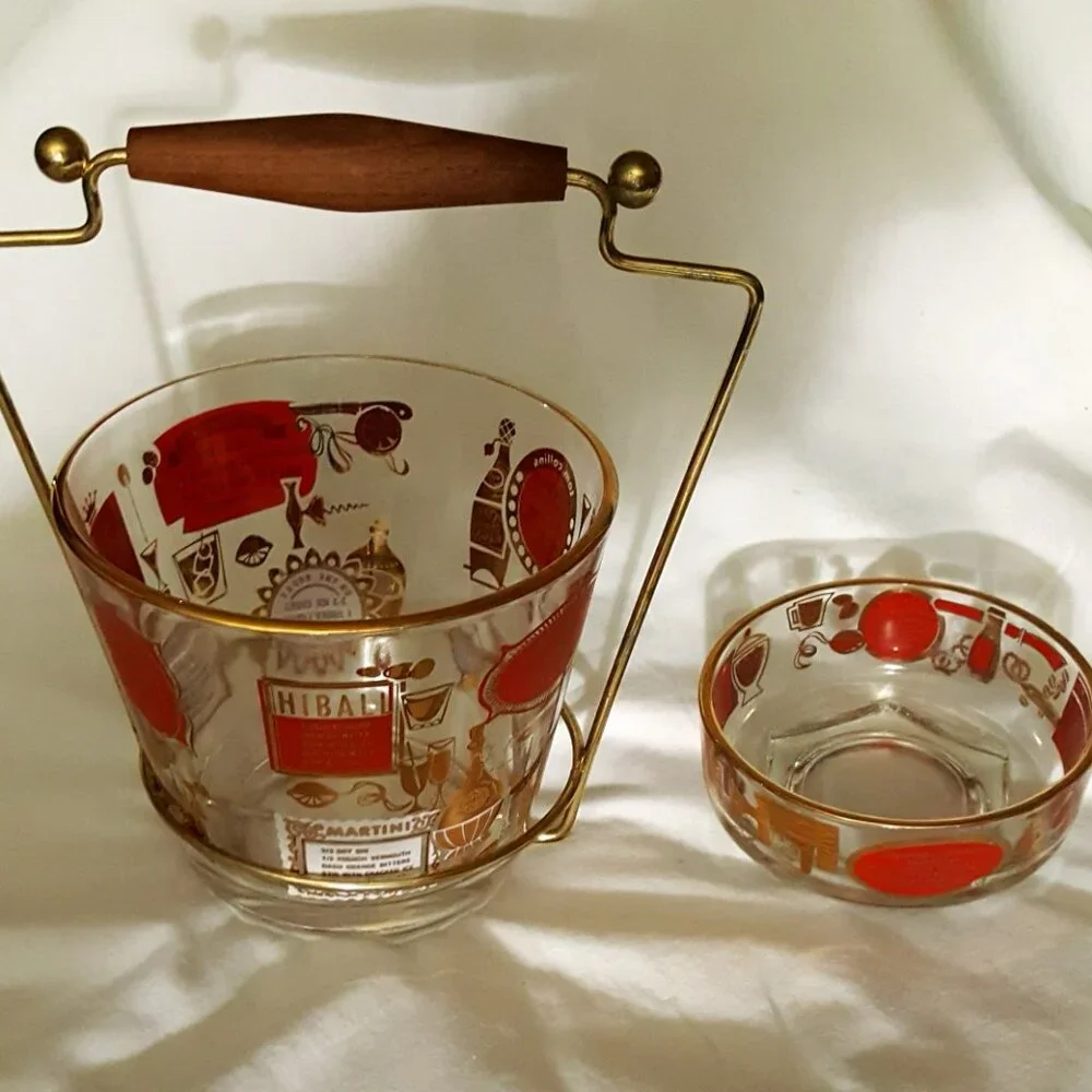 Vintage MCM Jeanette Glass Ice Bucket  And Bowl Red Gold With Cocktail Recipes